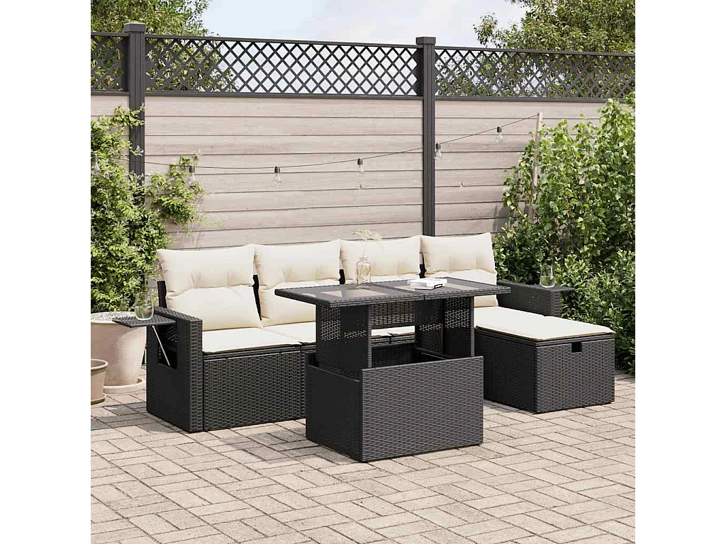 6-delige Loungeset met kussens poly rattan zwart