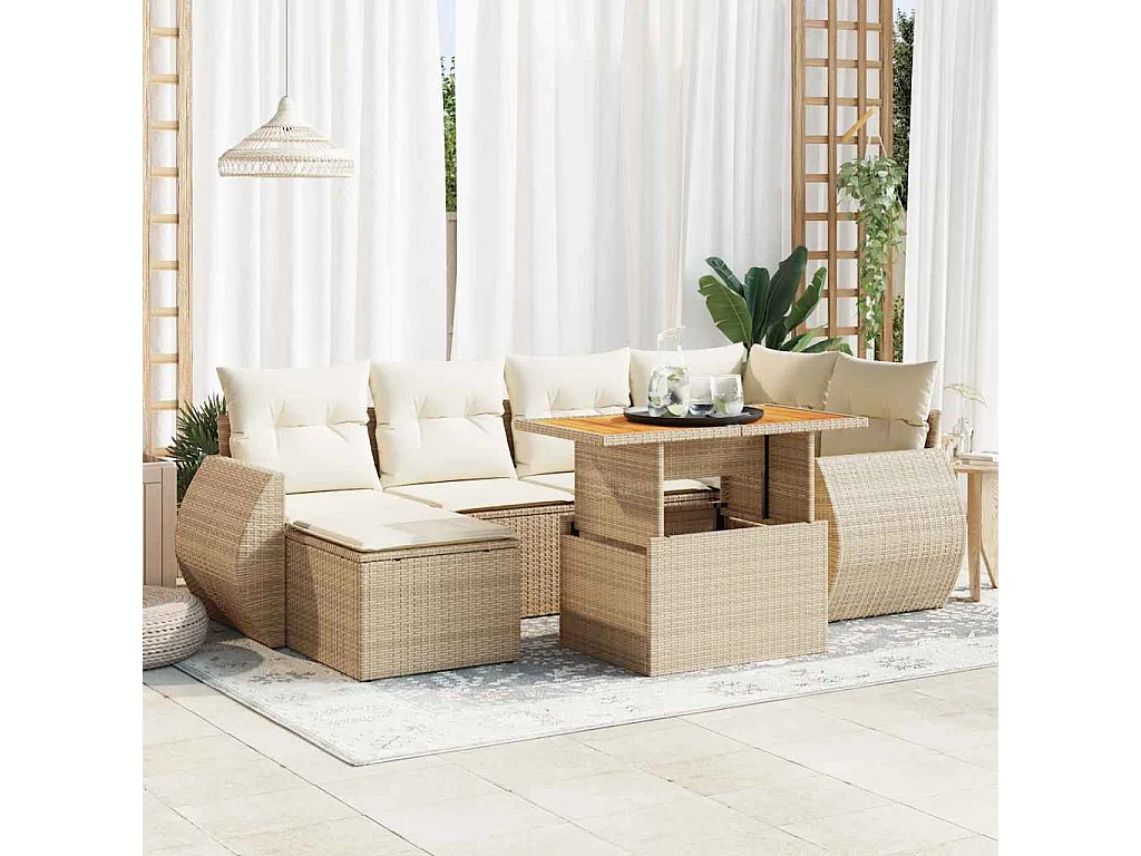 7-delige Loungeset met kussens poly rattan beige