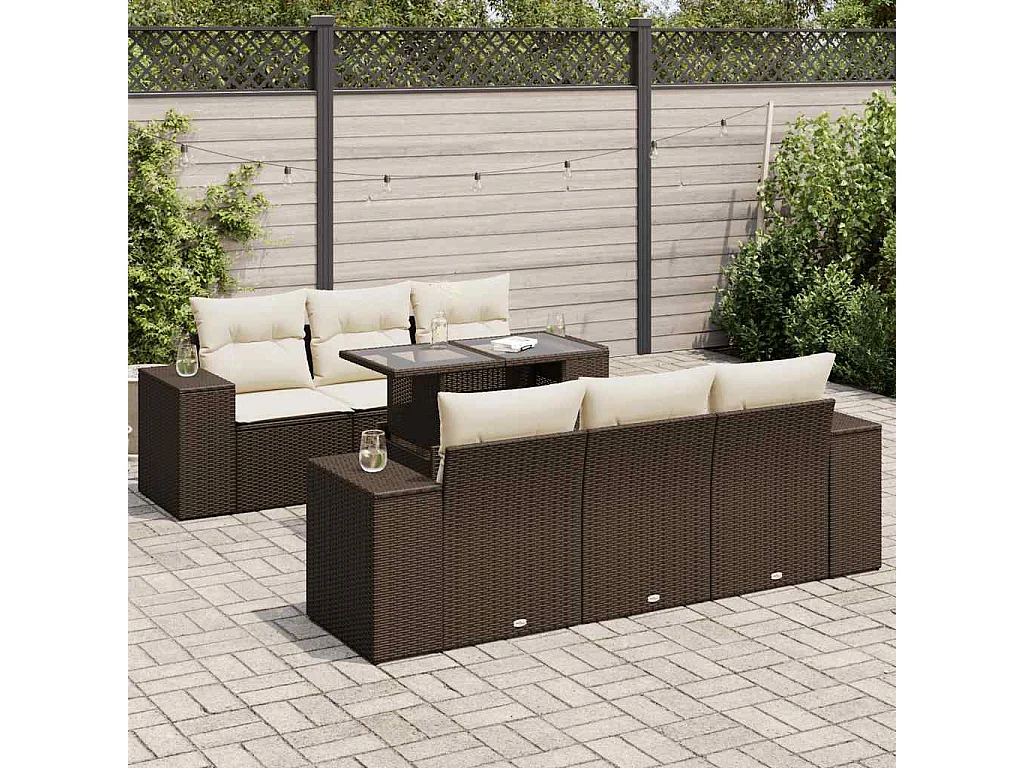 7-delige Loungeset met kussens poly rattan bruin