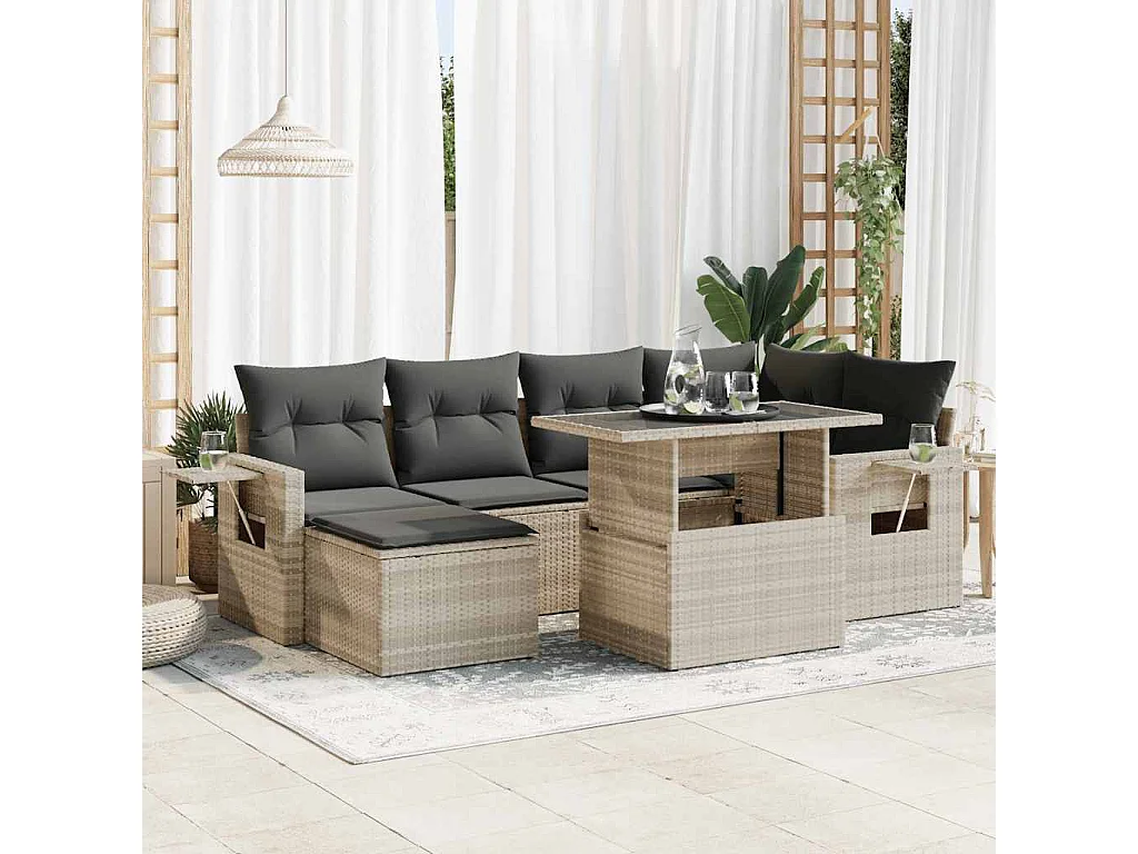 7-delige Loungeset met kussens poly rattan lichtgrijs