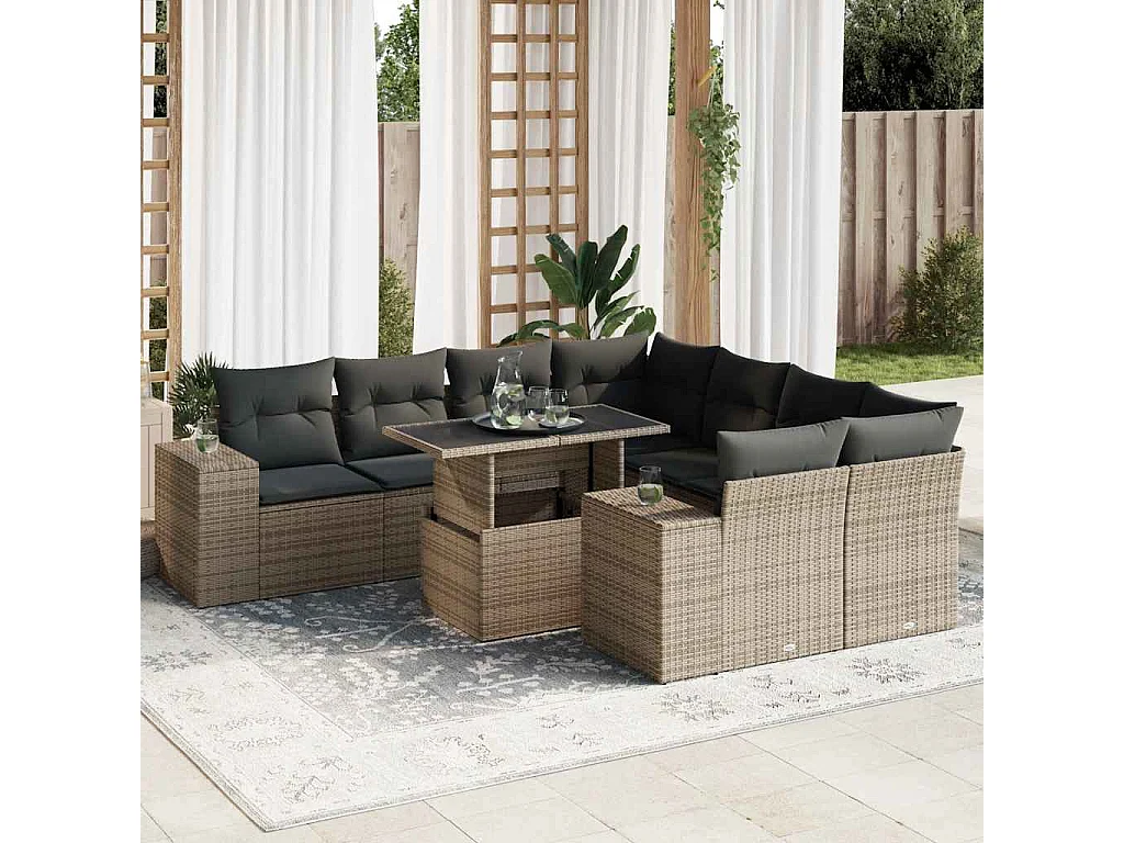 9-delige Loungeset met kussens poly rattan grijs