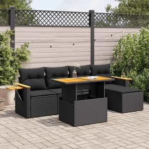 6-delige Loungeset met kussens poly rattan acacia zwart 6-delige Loungeset met kussens poly rattan acacia zwart