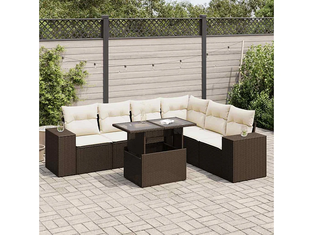 7-delige Loungeset met kussens poly rattan bruin