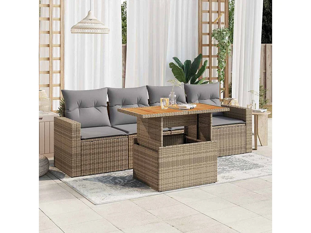 5-delige Loungeset met kussens poly rattan beige