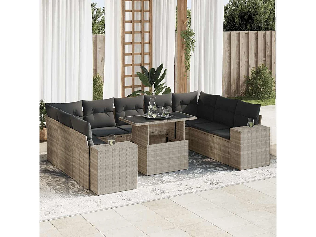 10-delige Loungeset met kussens poly rattan lichtgrijs