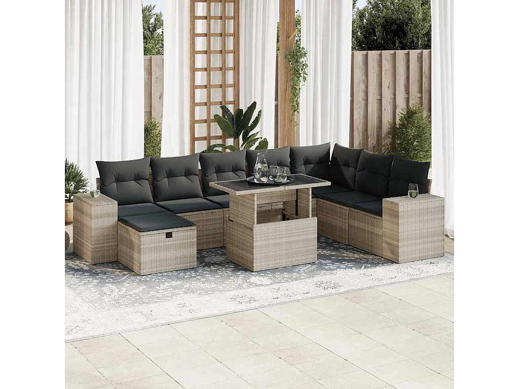 9-delige Loungeset met kussens poly rattan lichtgrijs