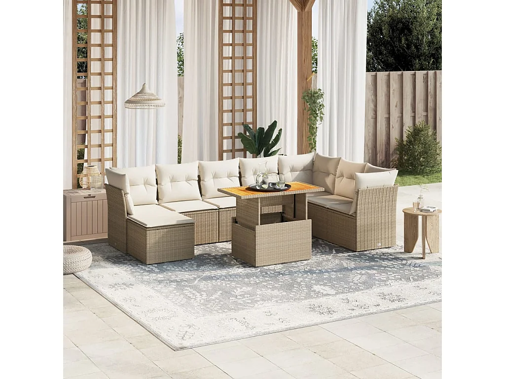 9-delige Loungeset met kussens poly rattan beige