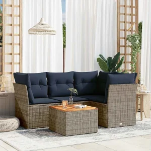 5-delige Loungeset met kussens poly rattan grijs