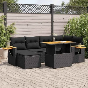 7-delige Loungeset met kussens poly rattan acacia zwart 7-delige Loungeset met kussens poly rattan acacia zwart