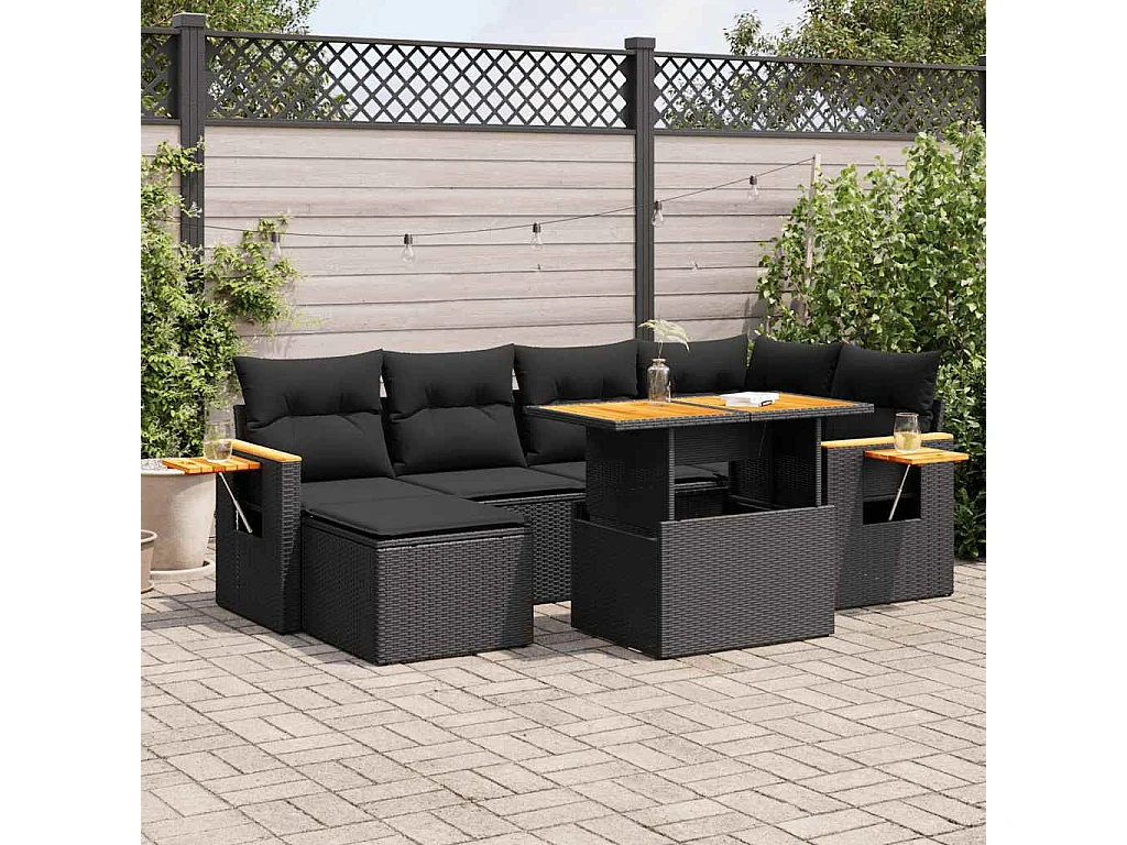 7-delige Loungeset met kussens poly rattan acacia zwart