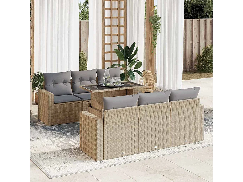 7-delige Loungeset met kussens poly rattan beige