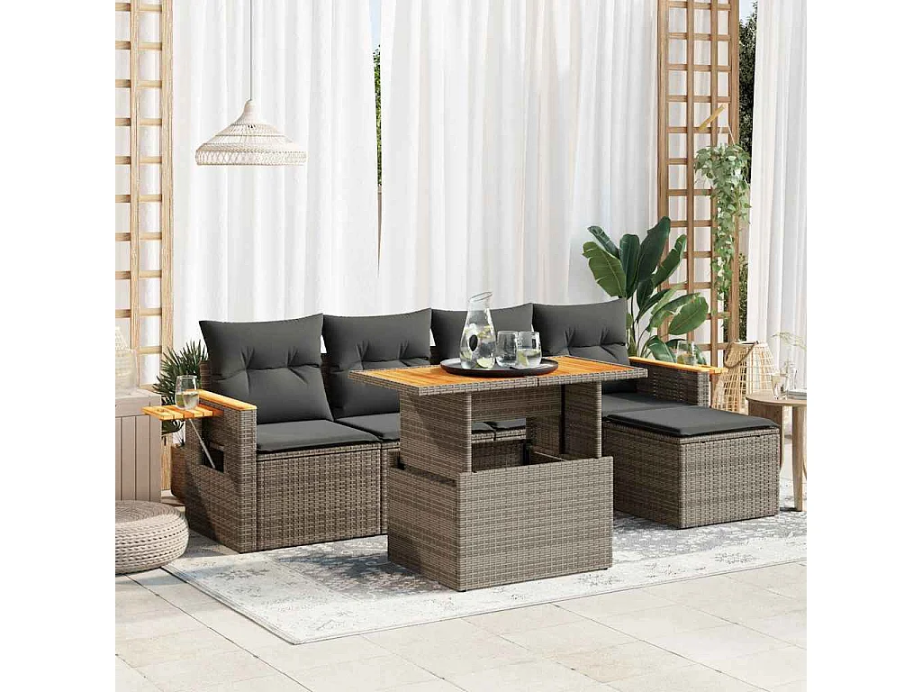 6-delige Loungeset met kussens poly rattan acacia grijs