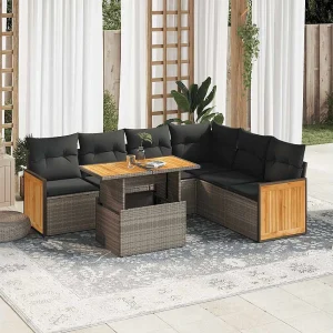 7-delige Loungeset met kussens poly rattan acacia grijs 7-delige Loungeset met kussens poly rattan acacia grijs