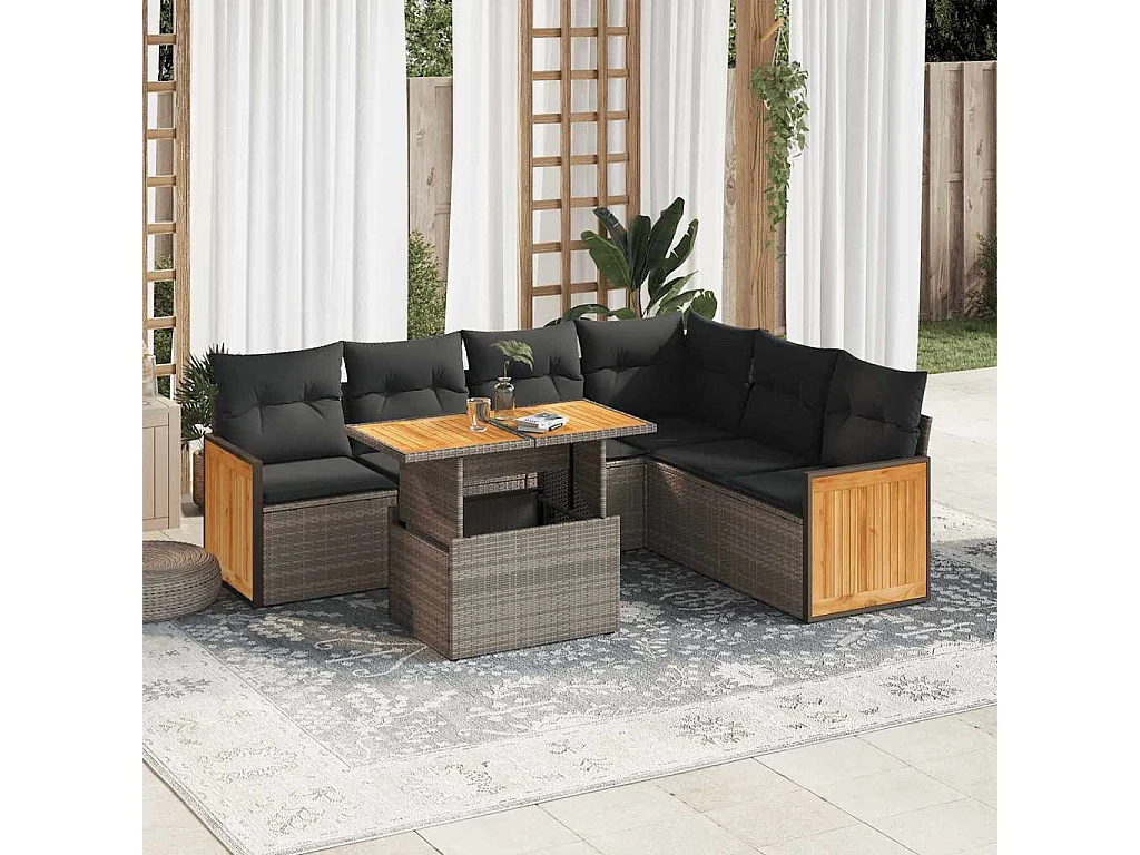7-delige Loungeset met kussens poly rattan acacia grijs