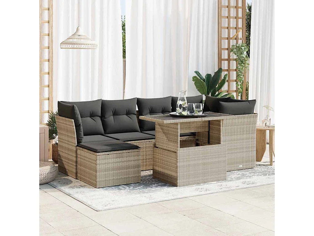 7-delige Loungeset met kussens poly rattan lichtgrijs