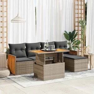 6-delige Loungeset met kussens poly rattan acacia grijs 6-delige Loungeset met kussens poly rattan acacia grijs