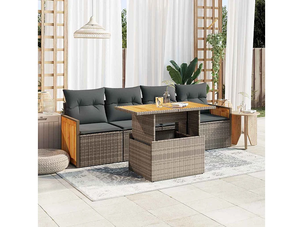 5-delige Loungeset met kussens poly rattan acacia grijs