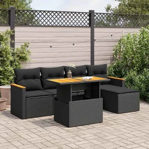 6-delige Loungeset met kussens poly rattan acacia zwart 6-delige Loungeset met kussens poly rattan acacia zwart