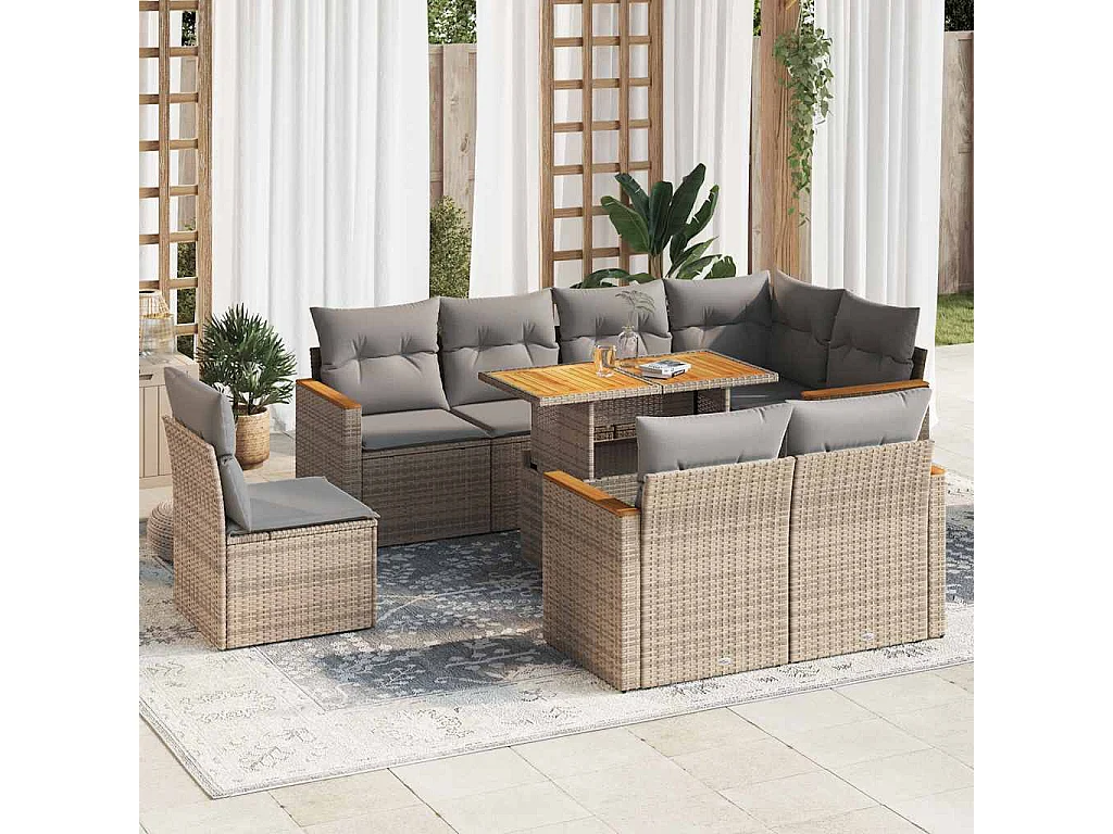 9-delige Loungeset met kussens poly rattan acacia beige