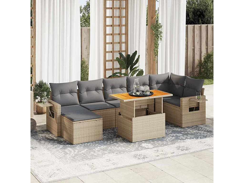 8-delige Loungeset met kussens poly rattan beige