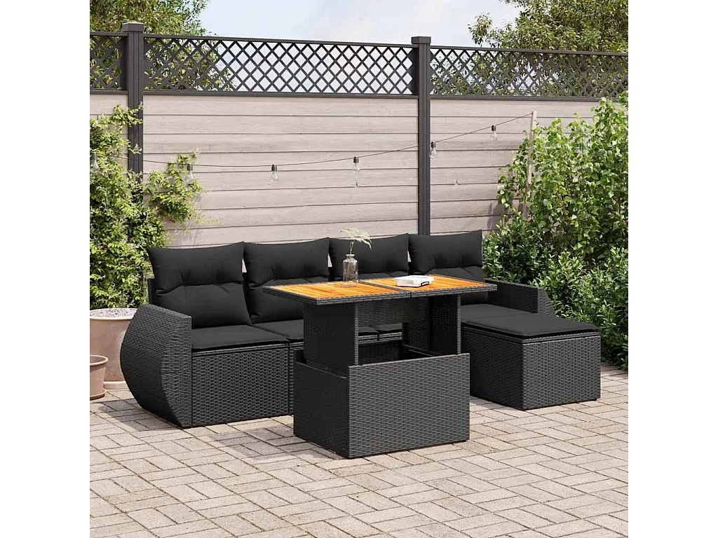 6-delige Loungeset met kussens poly rattan zwart