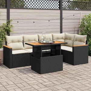 6-delige Loungeset met kussens poly rattan acacia zwart 6-delige Loungeset met kussens poly rattan acacia zwart