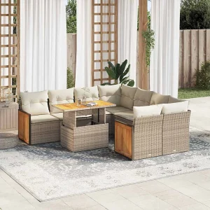 9-delige Loungeset met kussens poly rattan acacia beige 9-delige Loungeset met kussens poly rattan acacia beige