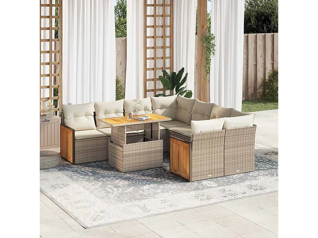9-delige Loungeset met kussens poly rattan acacia beige