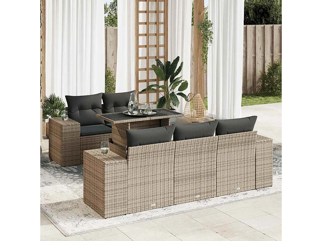 6-delige Loungeset met kussens poly rattan grijs