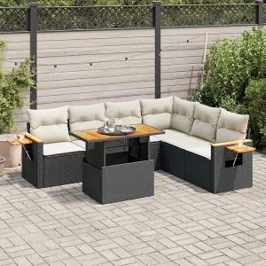 7-delige Loungeset met kussens poly rattan acacia zwart 7-delige Loungeset met kussens poly rattan acacia zwart