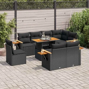 9-delige Loungeset met kussens poly rattan acacia zwart 9-delige Loungeset met kussens poly rattan acacia zwart