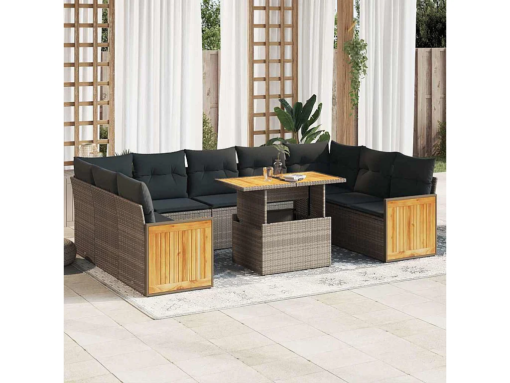 10-delige Loungeset met kussens poly rattan acacia grijs