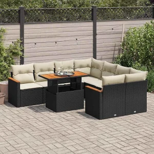 9-delige Loungeset met kussens poly rattan acacia zwart 9-delige Loungeset met kussens poly rattan acacia zwart