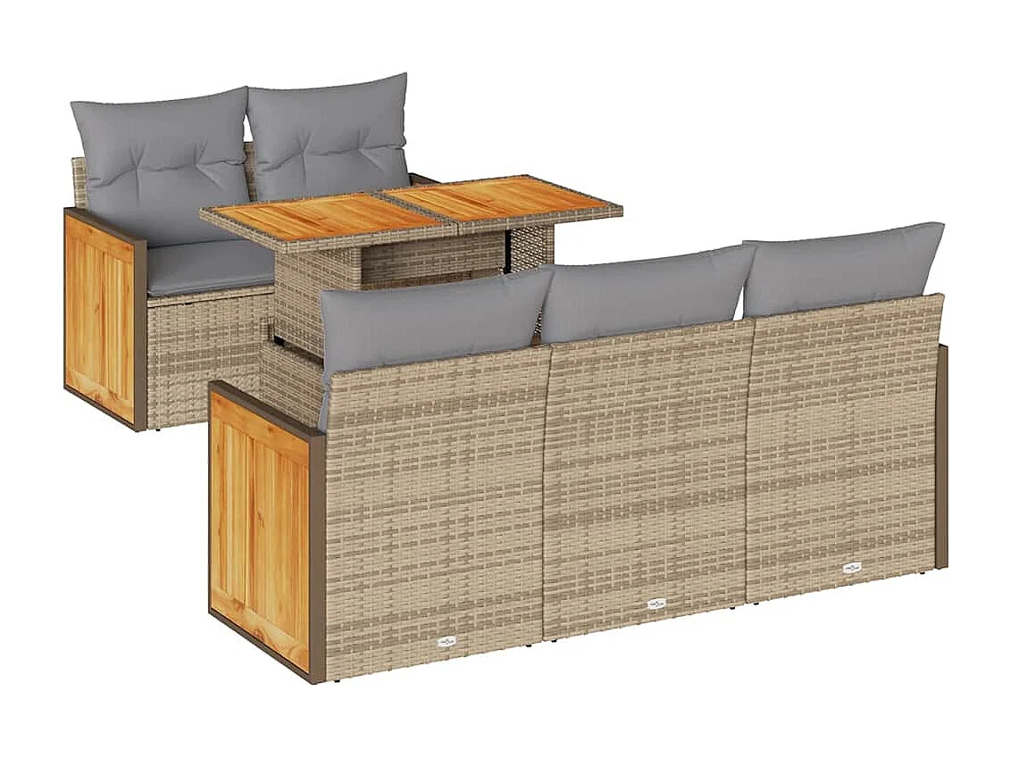6-delige Loungeset met kussens poly rattan acacia beige