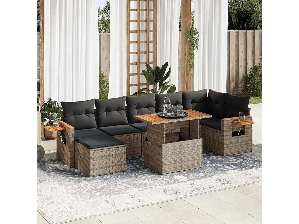 8-delige Loungeset met kussens poly rattan acacia grijs