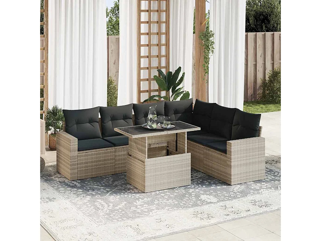 7-delige Loungeset met kussens poly rattan lichtgrijs
