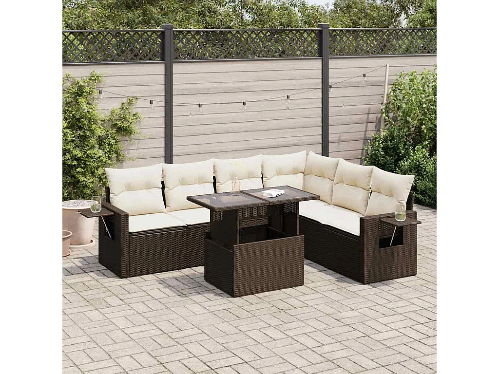 7-delige Loungeset met kussens poly rattan bruin