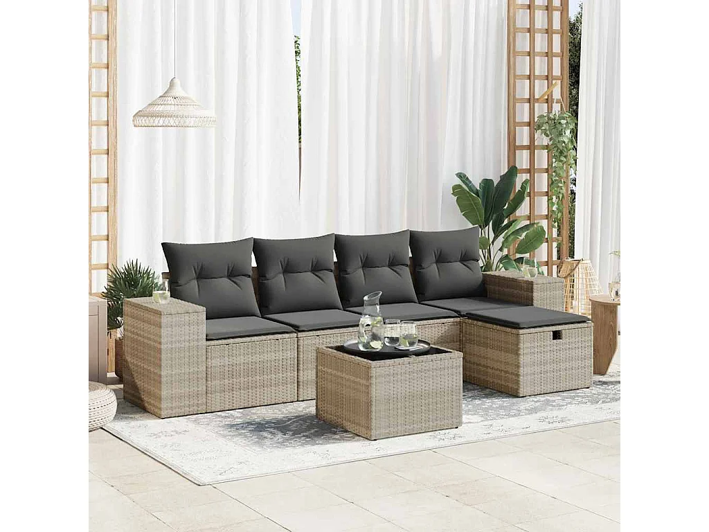 6-delige Loungeset met kussens poly rattan lichtgrijs