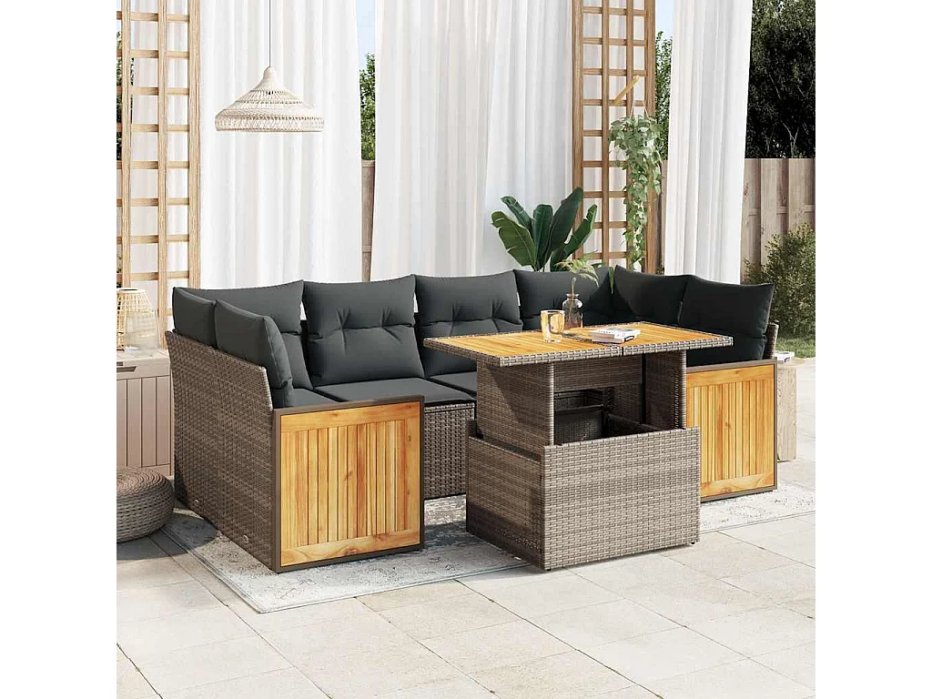 7-delige Loungeset met kussens poly rattan acacia grijs