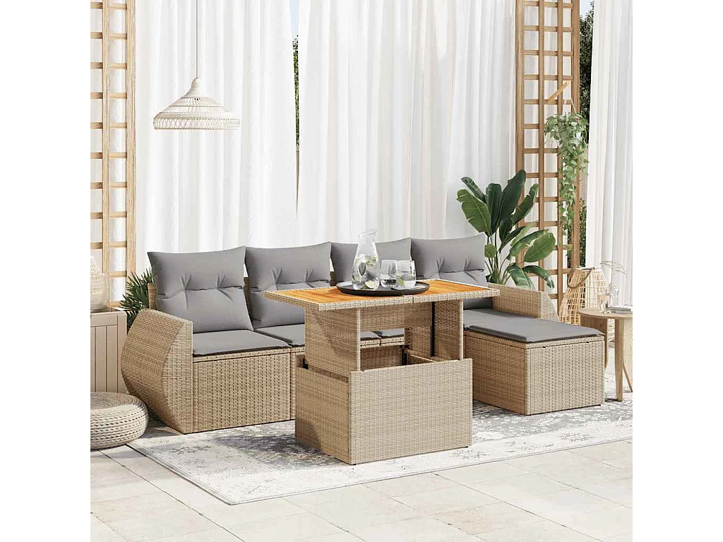 6-delige Loungeset met kussens poly rattan beige