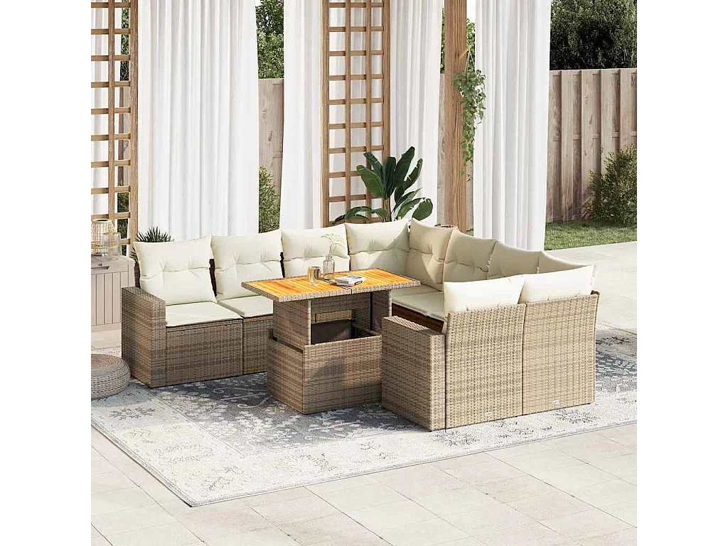 9-delige Loungeset met kussens poly rattan beige