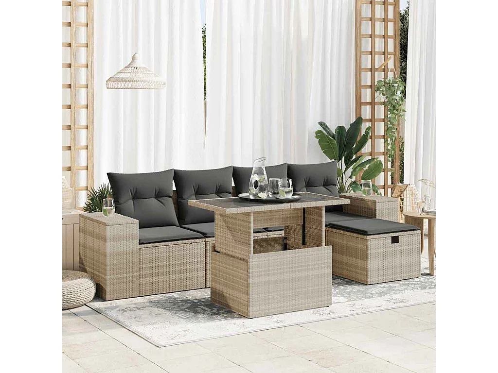 6-delige Loungeset met kussens poly rattan lichtgrijs