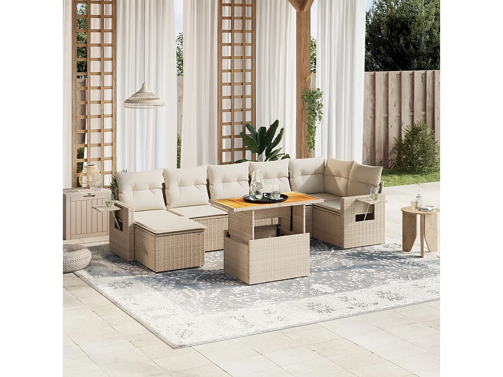 8-delige Loungeset met kussens poly rattan beige