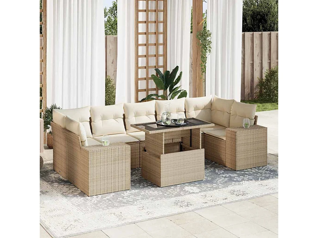 8-delige Loungeset met kussens poly rattan beige