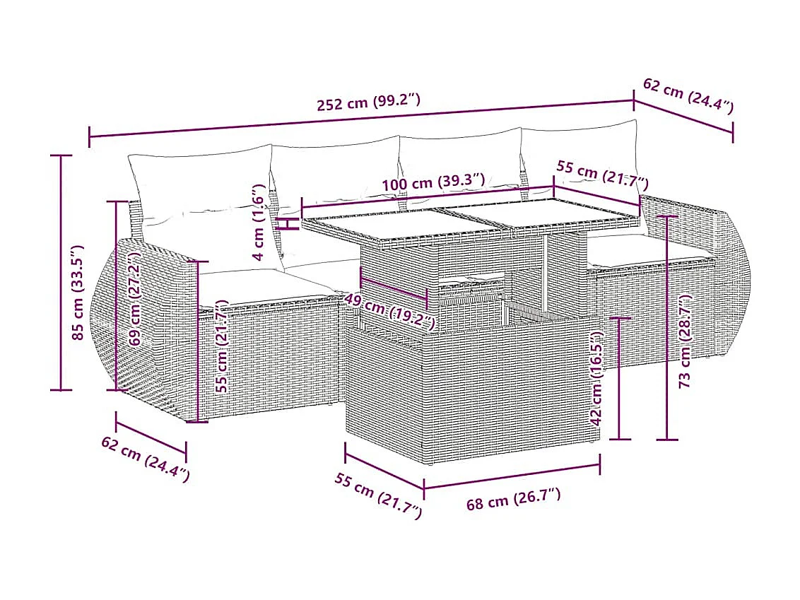 5-delige Loungeset met kussens poly rattan bruin