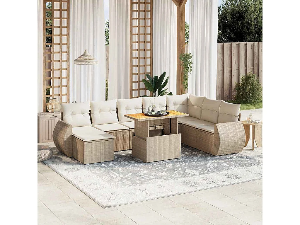 9-delige Loungeset met kussens poly rattan beige