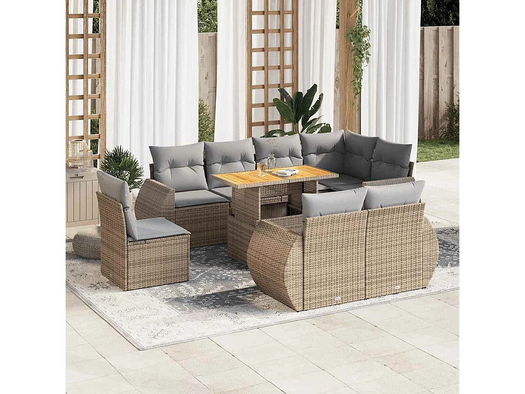 9-delige Loungeset met kussens poly rattan beige