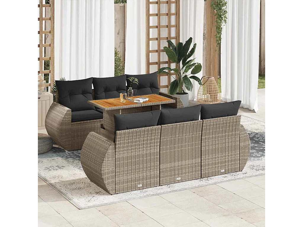 7-delige Loungeset met kussens poly rattan grijs