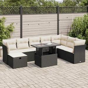 9-delige Loungeset met kussens poly rattan zwart 9-delige Loungeset met kussens poly rattan zwart