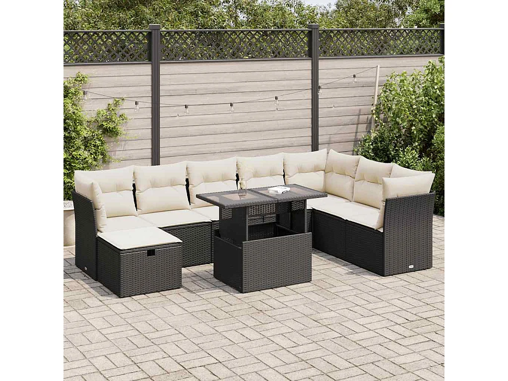 9-delige Loungeset met kussens poly rattan zwart